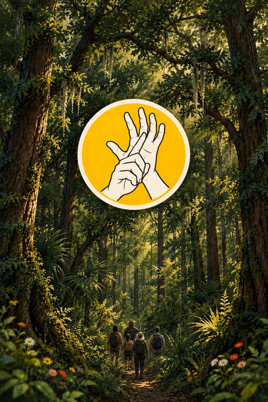 An illustrated Florida forest of tall trees hung with Spanish moss, with a yellow circle at its center showing two hands signing.