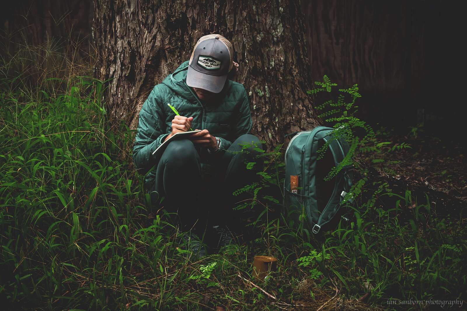 A person in a cap and green jacket sits at the base of a broad tree trunk, writing in a notebook with a backpack beside them.