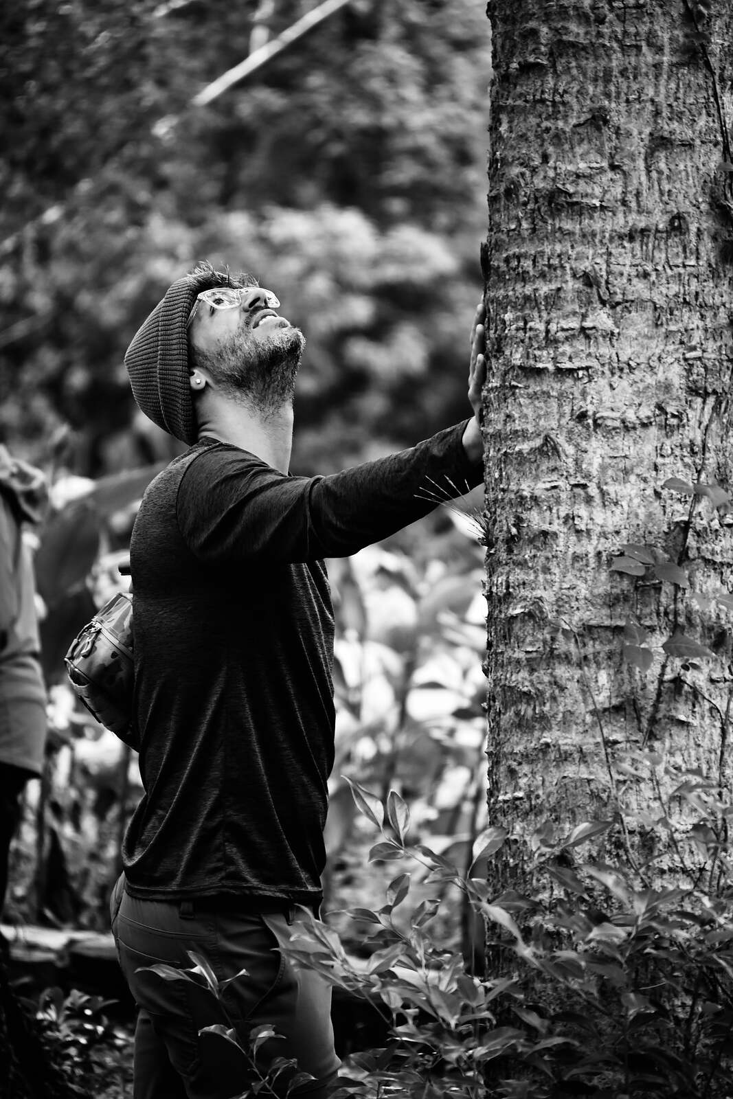 Black and white photograph of a person in a beanie resting a hand on a thick tree trunk and looking up along it.