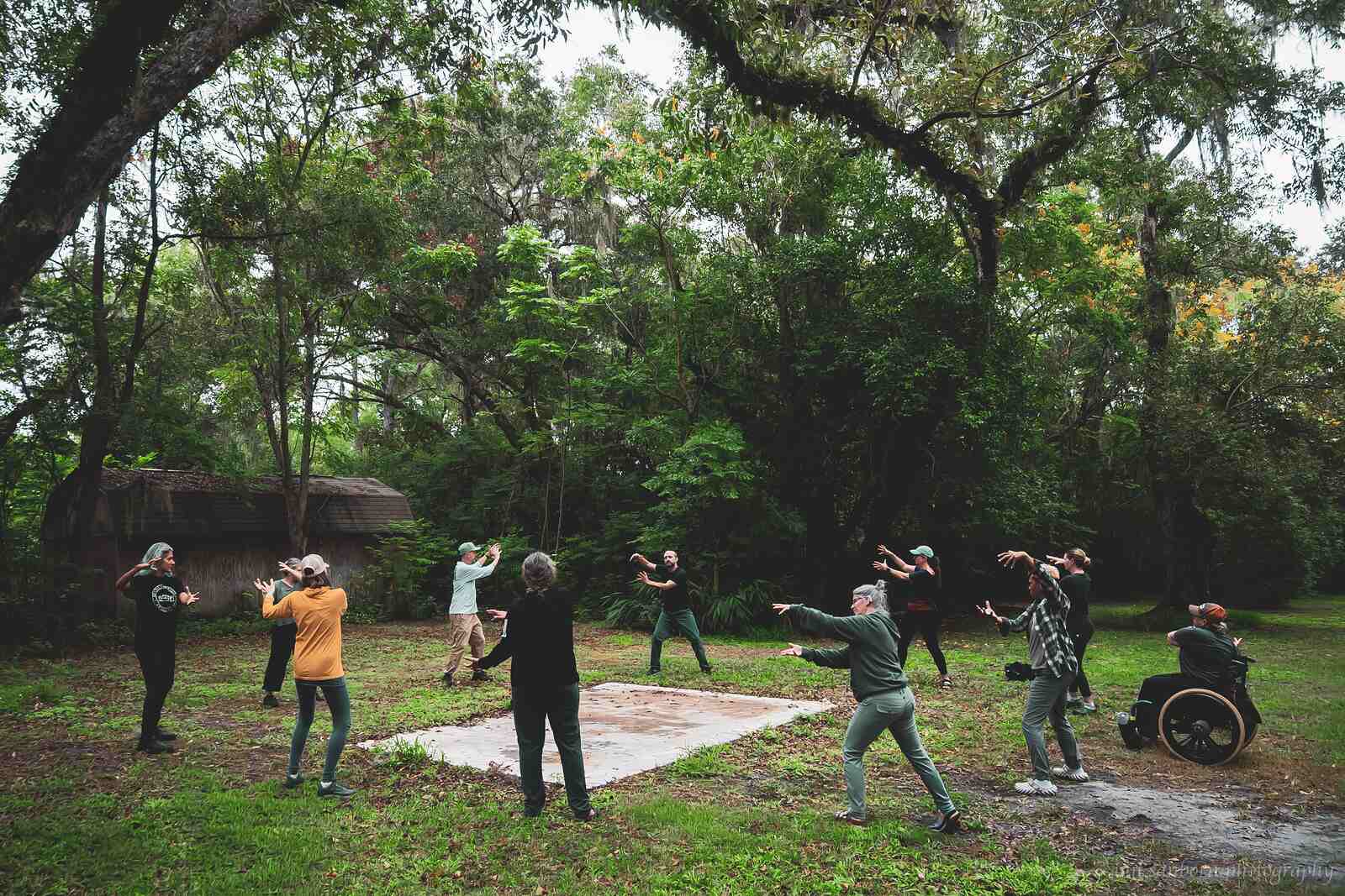 A circle of people stand spaced out on a lawn under live oaks, arms lifted in movement, one person taking part from a wheelchair.